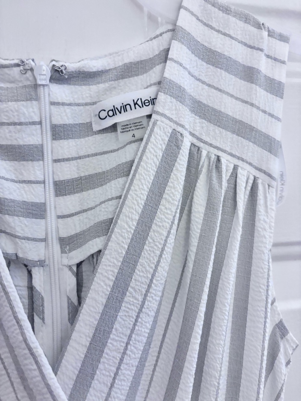 Calvin Klein Striped Faux-Wrap Maxi Dress in White and Light Gray - Picture 2 of 9